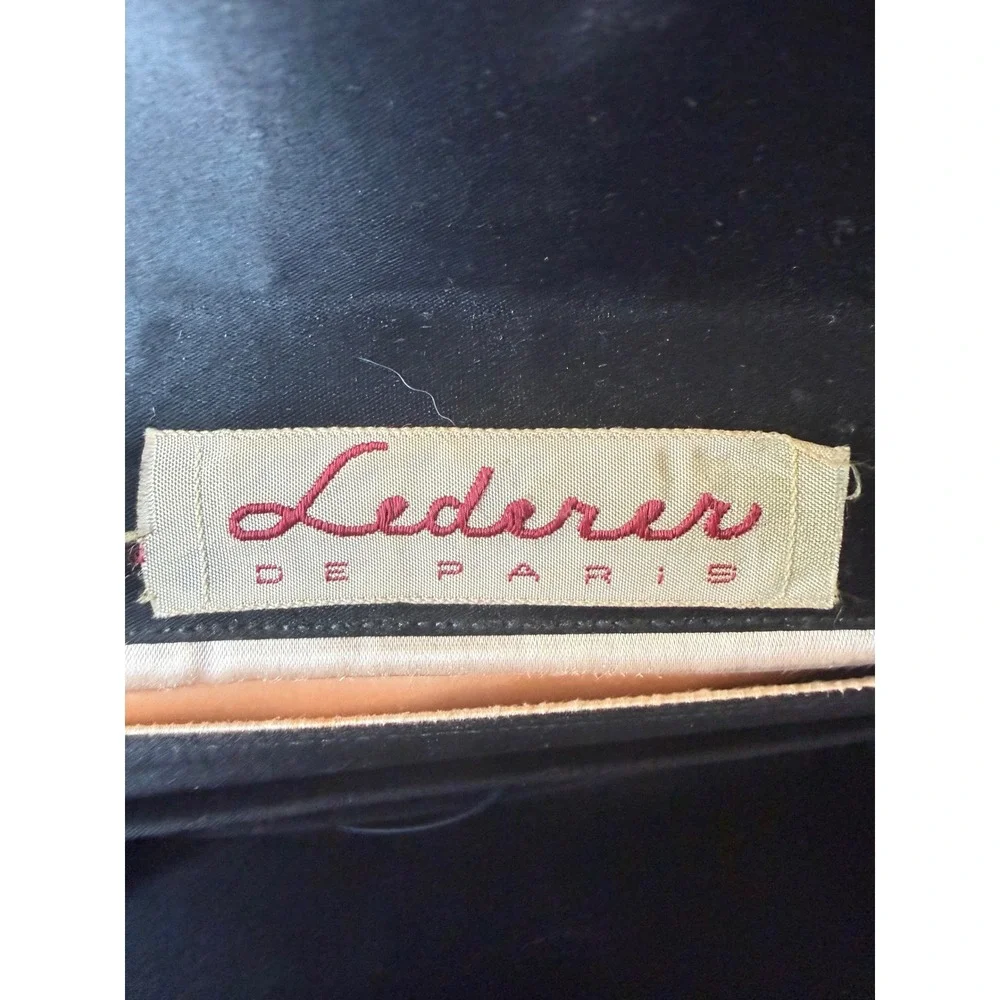 Lederer de Paris Vintage Black Pleated Silk Envelope Clutch Brown Leather Trim